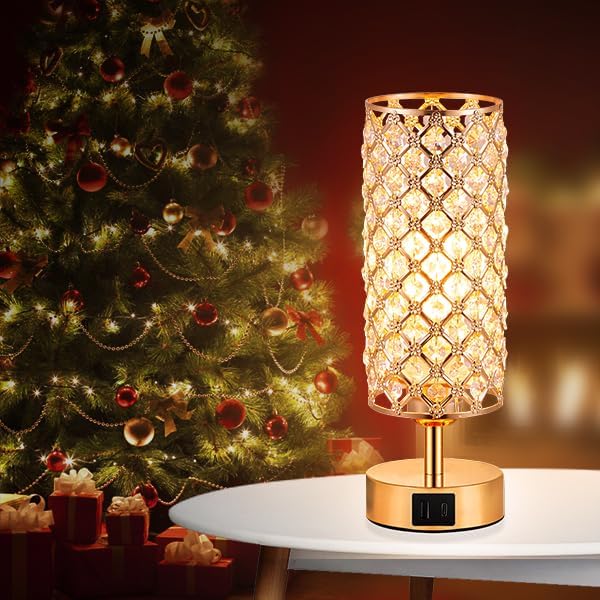 Hong-in Gold Crystal Touch Lamp for Bedroom with USB-C/A, Bulb Included