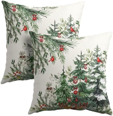 Green Christmas Tree Throw Pillow Covers 24x24 Inch Set of 2 Winter Pine Trees Red Berry Bells Birds Decorative Pillowcase Xmas Holiday Cotton Linen Cushion Cover for Home Sofa Couch Patio