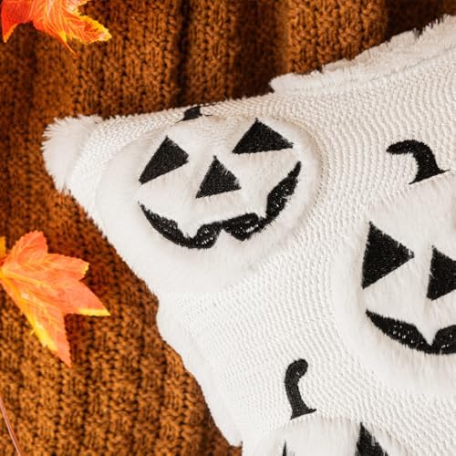 White Halloween Pumpkin Fall Throw Pillow Covers 18"x18" Set of 2 Soft Faux Fur Ghost Pillow Covers for Couch Sofa Bed, Cute Autumn Farmhouse Cushion Case for Holiday Home Living Room Decor
