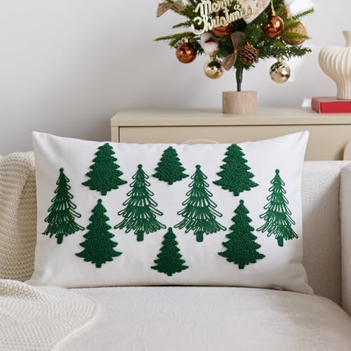 White Christmas Pillow Covers 12x20 Inch Embroidery Green Xmas Trees Decorative Lumbar Throw Pillow Cover Winter Holiday Pillow Case Cushion Cases for Sofa Couch Living Room Decorations