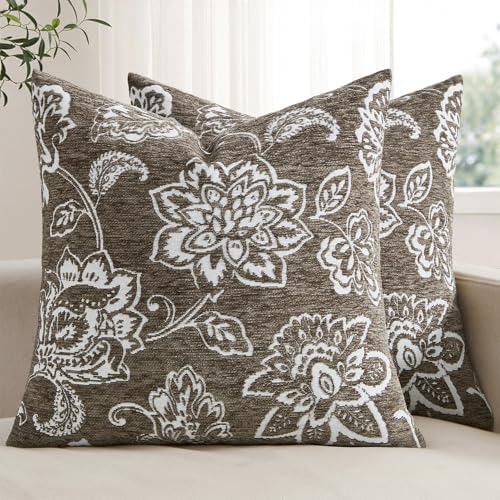 Set of 2 Chenille Floral Pillow Covers 18x18 Inch Taupe Grey