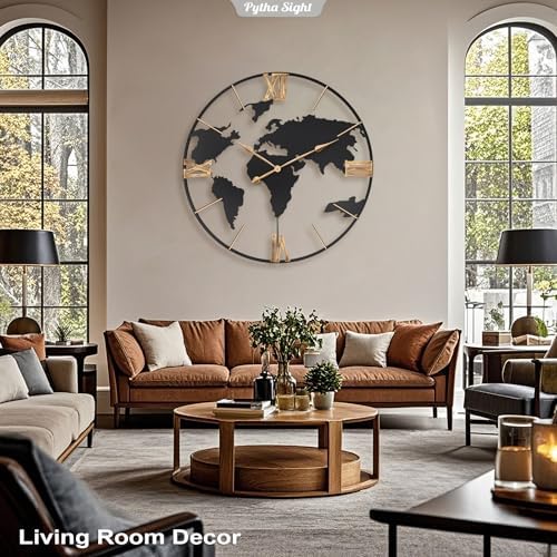 Pytha Sight 36 Inch Large Extra Metal Oversized Roman World Map Wall Clock