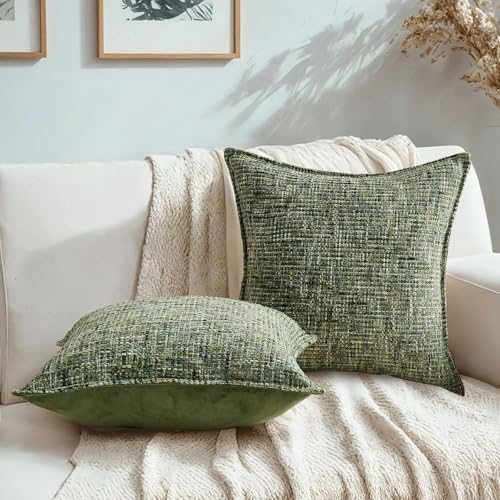 HAUSSY Pack of 2 Chenille Tweed Throw Pillow Covers 26x26 Inch, Dark Green