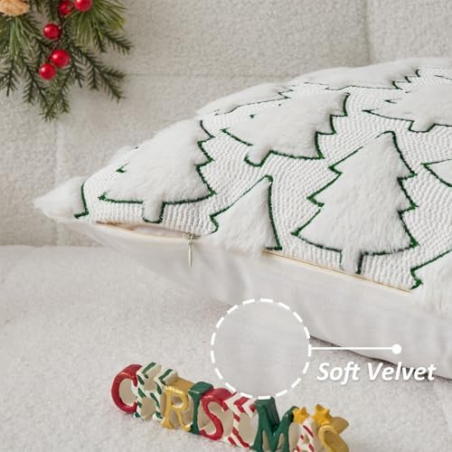 Kevin Textile Christmas Pillow Covers 18x18 Inch Set of 2 Interesting Christmas Tree Embroidery Soft Plush Faux Fur Pillowcases for Couch Sofa Holiday Festivals Winter Xmas Gift, Cream White