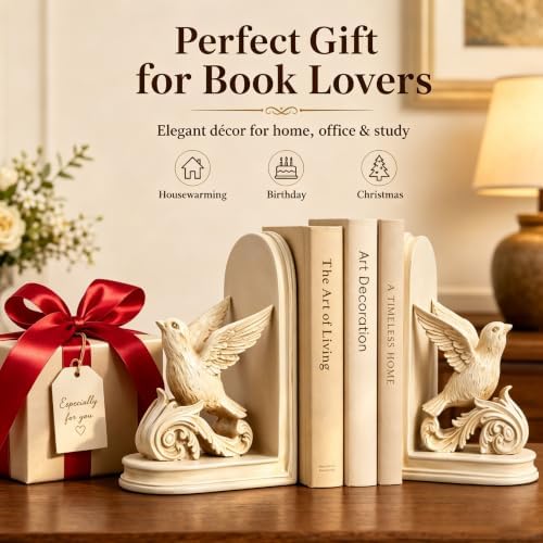 2PCS Vintage Bookends White Resin Decorative Bookends with Bird Bookends for Kids Rooms Decorative Book Ends for Heavy Books (White Bird)