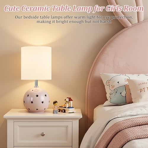 Small Table Lamp, 14" Pink Ceramic Bedside Lamp for Girls Kids Bedroom,Dorm