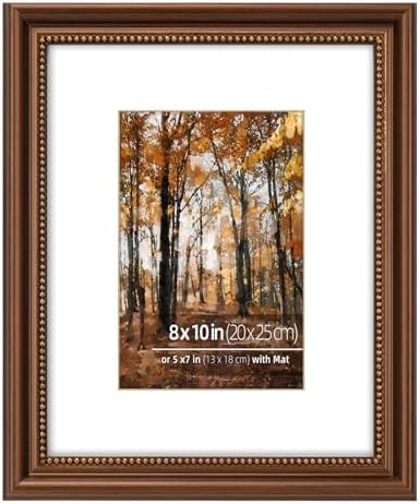 8x10 in Wood Classic Gallery Picture Frame Set, Ornate Beaded Inner, Matted for 5x7 Photo, Multiple Way Display, Brushed Antique Brass