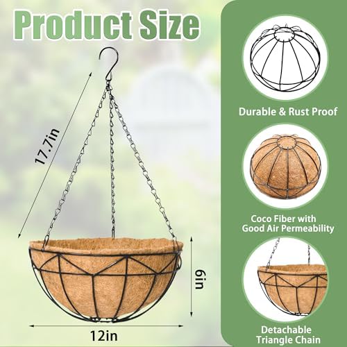 4 Pack 12 Inch Hanging Baskets for Plants Outdoor Metal Hanging Planters Round Hanging Flower Pots with Coco Coir Liner Plant Holder for Outdoor Patio Garden Balcony Decor - Geometric