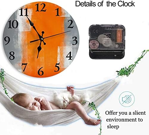 LOKMU Silent Non Ticking Clock 10 Inch,Round Wall Clock,Decorative for Living Room, Kitchen, Home,Bathroom, Bedroom, Office or School Grey and Orange Abstract Art Painting (Grey and Orange)