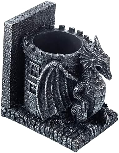 MyGift Gothic Dragon Bookends with Castle Pencil Cup, Black Resin, 1 Pair