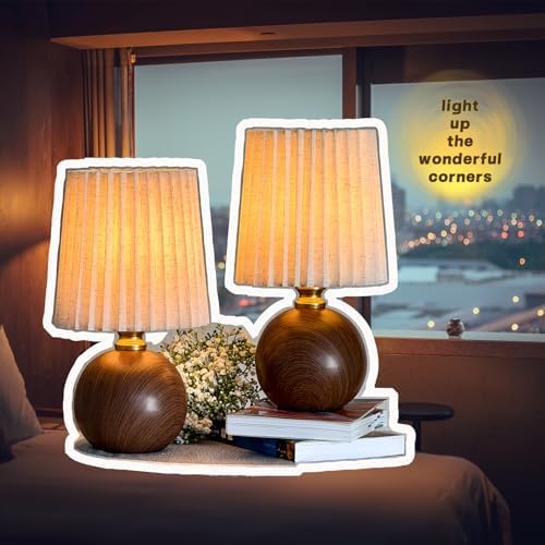 Small Pleated Table Lamp Set of 2 for Bedroom, Mini Bedside Lamps for Nightstand with Round Fabric Linen Shade, Dimmable Desk Lamp, Cute Table Lamps for Small Spaces for Living Room, Kids Room