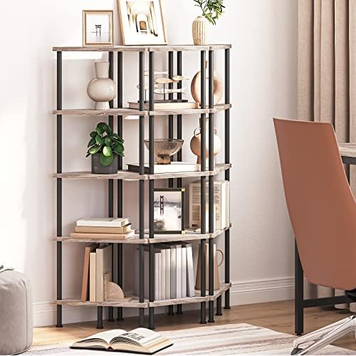 HOOBRO Corner Shelf Stand, Industrial 5-Tier Corner Bookshelf with Metal Frame, Corner Shelf Stand Display Plant Flower, Corner Bookcase for Small Spaces, Living Room, Greige and Black BG33CJ01