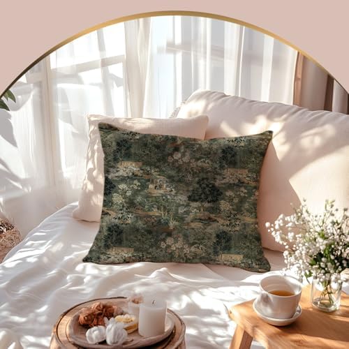 Dark Green Chinoiserie Forest Garden Throw Pillow Cover 18x18