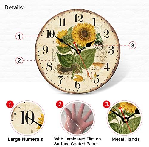 TAHEAT 8 Inch Summer Sunflower Wall Clock, Retro Rustic Floral Battery Operated Clocks, Wooden Decorative Easy to Read Clock for Home/Office/School/Bar