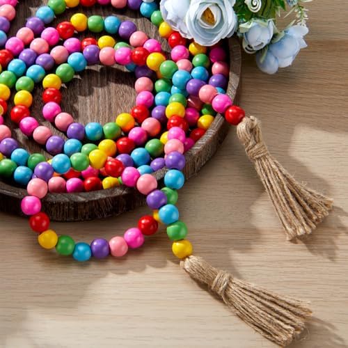 Equsion Rustic Wood Bead Garland with Tassel Farmhouse,Candy Colors