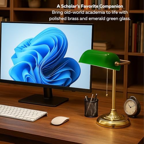 LIGHTACCENTS Traditional Banker’s Desk Lamp with Green Glass Shade and Brass Base – Classic Desk Lamp with Pull Chain, Office Lighting, Vintage Style Reading Light