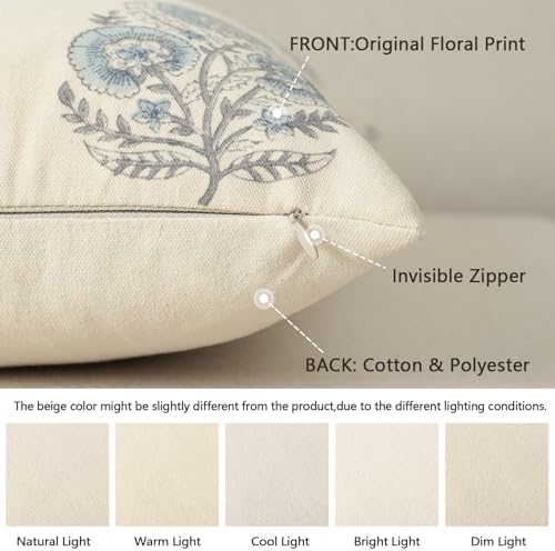 YCOLL Vintage Floral Print Pillow Covers 16x16 Set of 2 Patterned Accent Decorative Cushion Covers Modern Farmhouse Throw Pillow Covers for Sofa Couch Chair Bed Living Room Home Decor, Light Blue