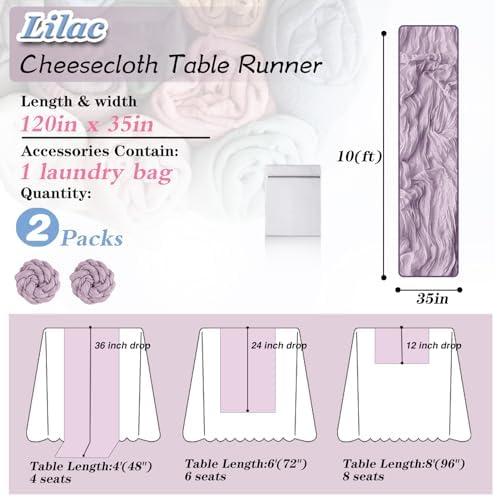 Lilac Cheesecloth Table Runner 2 Pack 35" Boho Gauze 120 inches Long Runner Rustic Sheer Fabric Bulk for Baby Shower Wedding Bridal Birthday Party Picnic Table Decorations
