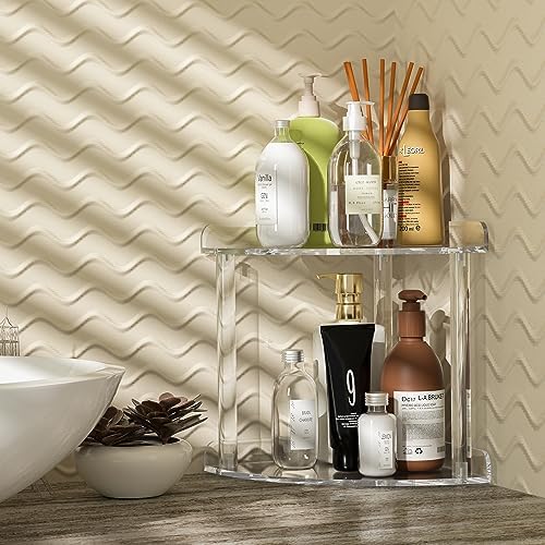 Sezanrpt 2 Tier Countertop Corner Organizer Shelf 7x7x8 Inch, Acrylic Bathroom Organizer Corner Shelf for Countertop, Clear Vanity Storage Organizer for Skincare, Cosmetics, Perfume