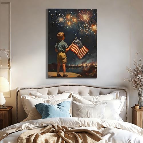 RIBNTAK Patriotic 4th of July Fireworks and American Flag Canvas Wall Art, Little Boy with US Flag Painting, Independence Day Wall Decor for Living Room, Bedroom, Home and Office, Made in USA