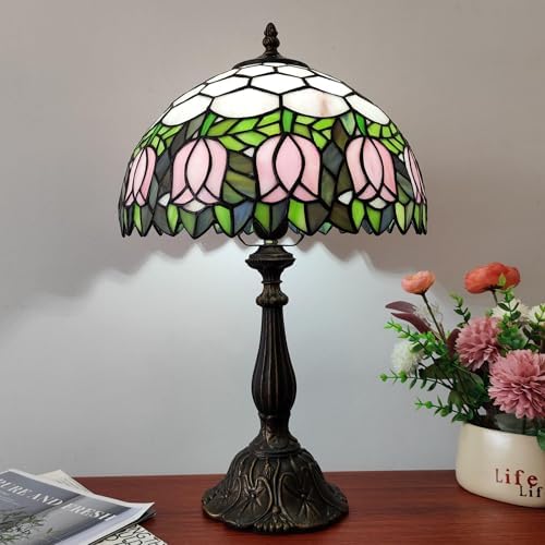 Tiffany Table Lamp 3-Color Light Stained Glass Lamp Tiffany Style Vintage Beside Reading Lamp 12 inch Living Room Light Flowers Style Antique Nightstand Light (Pink Tulip)