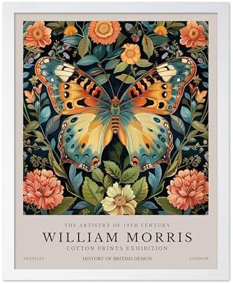 Poster Master William Morris Poster - Butterfly Print - Botanical Art - Flower Art - Exhibition Artwork - Animal Creation - Floral Piece - Aesthetic Illustration - Office or Living Room Decor - 8x10 White Framed