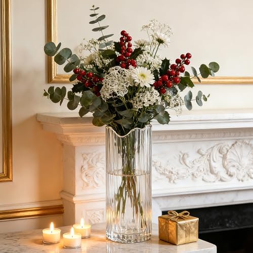 9 inch Tall Ribbed Clear Glass Vase,Vases for Flowers | glass vases for flowers,Glass Cylinder Vases for Wedding Reception,Home Decor,Centerpieces,Housewarming Gift