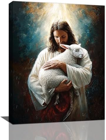 Jesus and Lamb Wall Decor Pictures Jesus with Lamb Wall Art Religious Christian Canvas Prints Painting God Faith Artwork Decoration for Bathroom Bedroom Living Room Framed Gifts 12"x16"