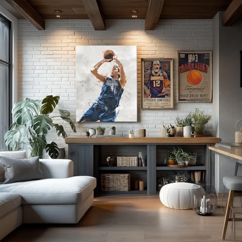 Dirk Nowitzki Basketball Canvas Wall Art, Sports Player Poster, 12x16 Inch | Abstract splash ink athletic artwork, motivational sports wall decor for teen boys room, bedroom, living room, gym or office