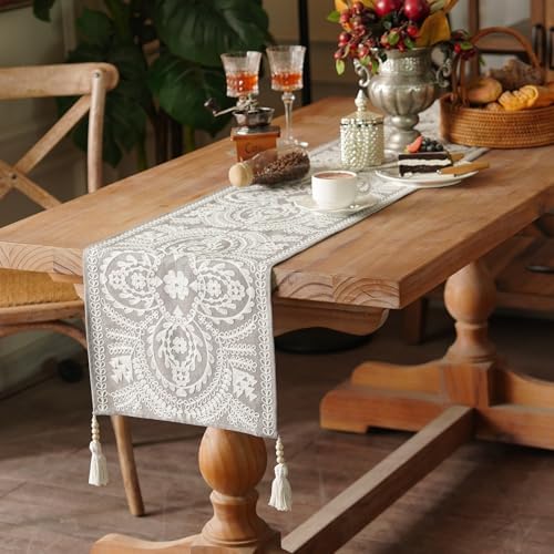 Long Table Runner Embroidered Rustic Dresser Runner, Gray 14"x94"
