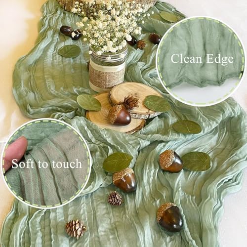 Sage Green Cheesecloth Table Runner 10FT Rustic Sheer Gauze Table Runners 120 Inch Boho Cheese Cloth Table Decorations for Wedding Bridal Spring Home Decor