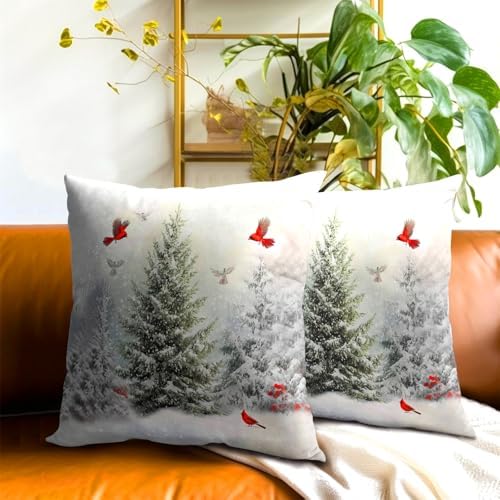 Winter Snowy Pine Tree Throw Pillow Covers 20x20 inch Set of 2 Xmas Red Cardinals Cotton Pillowcase Christma Snow Scene Flying Birds Cushion Cases for Home Sofa