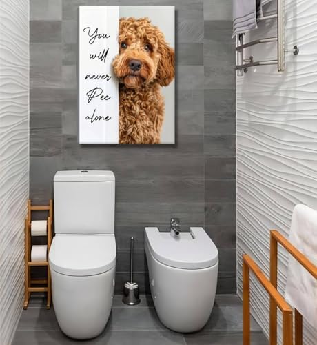 Funny Dog Bathroom Canvas Wall Art Cute Animal Humorous Goldendoodle Painting Pictures Restroom Wall Decor You Will Never Pee Alone Poster Print Artwork for Toilet Nursery Decor 16x24in