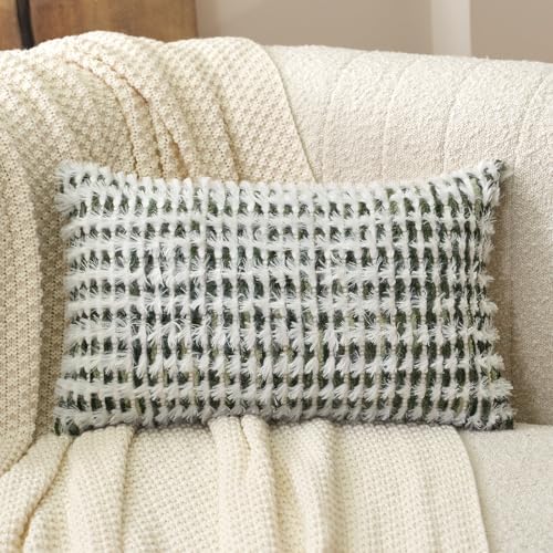 Aeckself Boho Chenille Tufted Pillow Cover 12 x 20 Inch, Rectangle Decorative Lumbar Throw Pillow Cover Neutral Pillowcase for Couch Bedroom Living Room, Green White