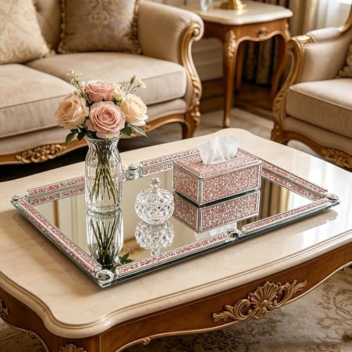 Large Mirror Perfume Tray for Dresser,Pink Crushed Diamond Filled