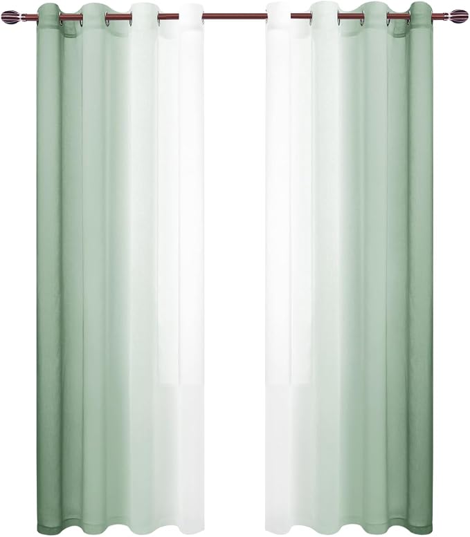 DWCN Light Sage Faux Linen Ombre Sheer Curtains - 96 inches Long Gradient Semi Voile Curtains for Bedroom and Living Room, Set of 2 Grommet Top Window Curtain Panels, 52 x 96 Inches Long,Sage Green