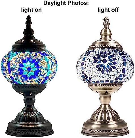 SILVERFEVER Handcrafted Mosaic Turkish Lamp Moroccan Glass Table Desk Bedside Light Bronze Base with E12 Bulb (Blue Snowflake)