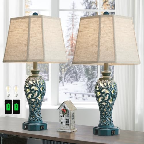 25'' Farmhouse Table Lamps Set of 2 for Bedroom with USB C+A Ports