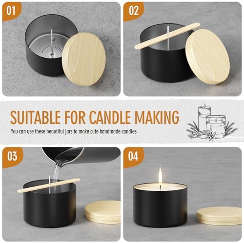 Empty Candles Tins 8 oz Candle Jars 24 pcs Candle Containers with Lid for Candle Making (Black-Woodgrain, 8oz)