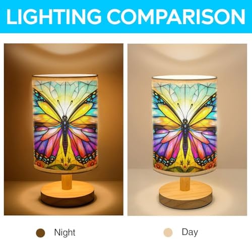Butterfly Table Lamp LED 3-Color Pressed Bedside, Butterfly Shade Lamp with Wood Base for Bedroom Living Room Desk Office TL01