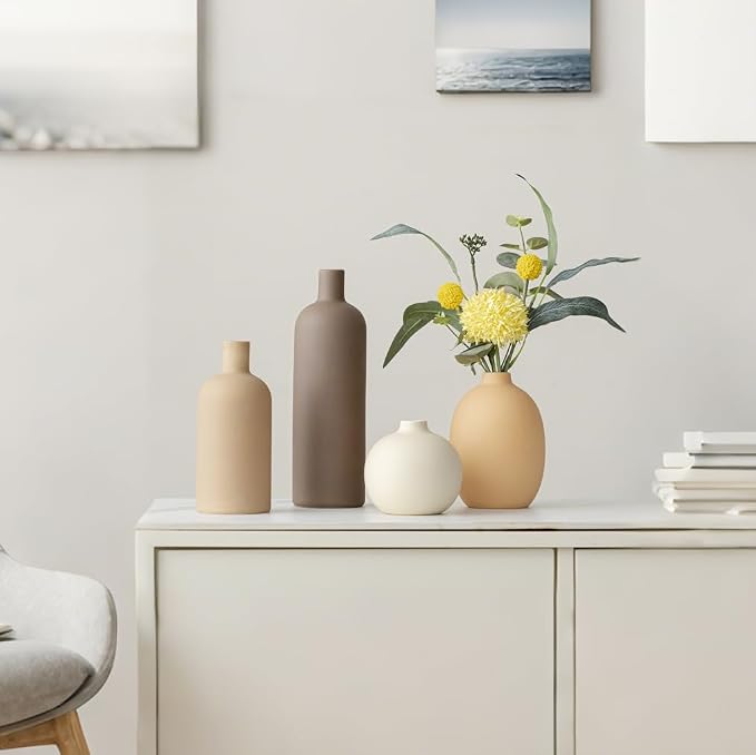 Modern Ceramic Vase Set, Neutral Colors, Decorative Vases for Home Shelf Decor, 4 Piece Collection, Happy Birthday Gifts for Women Mom Her Friend Sister Wife Grandma, Self Care Gift (Coffee Mix set 4)