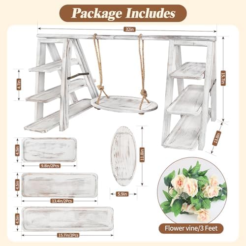 Wisreach Wooden 3 Tier Cupcake Stand with Swing and Flower Decoration Serving Removable Tray Display Serving Ladder Foldable Stand with Serving Platter Tray Party Food Display Set for Cake Snack Fruit Chips Bread Centerpieces Catering