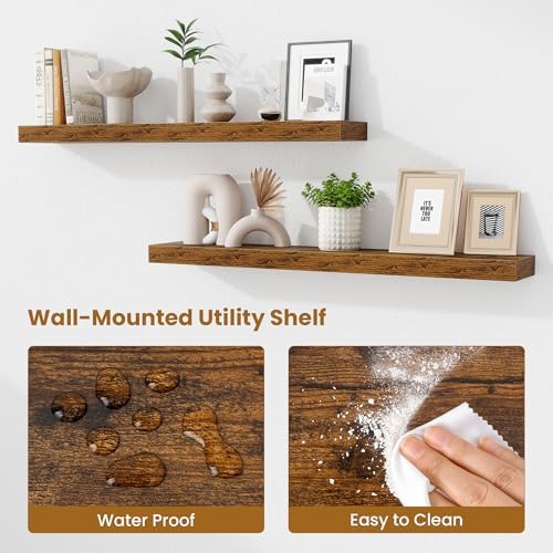 Fun Memories 40 Inch Floating Shelves, Long Wood Wall Shelf Set of 2 with Invisible Brackets, for Bathroom, Living Room, Bedroom, Kitchen, Rustic Brown