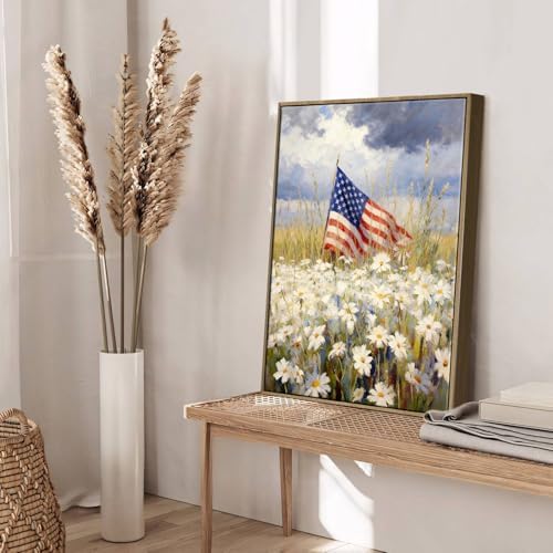 American Flag Framed Canvas Wall Art, 4th of July Patriotic Canvas Prints | Wildflower Landscape Poster Print, Vintage Rustic Independence Day Wall Decor for Bedroom Living Room Office 24×32in