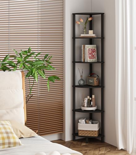 VIMBER Corner Shelf, 6-Tier Corner Bookshelf, Industrial Corner Ladder Shelf, DIY Storage Shelves, Modern Display Shelf for Living Room, Bedroom, Kitchen, Home Office, Black UJSJ004B
