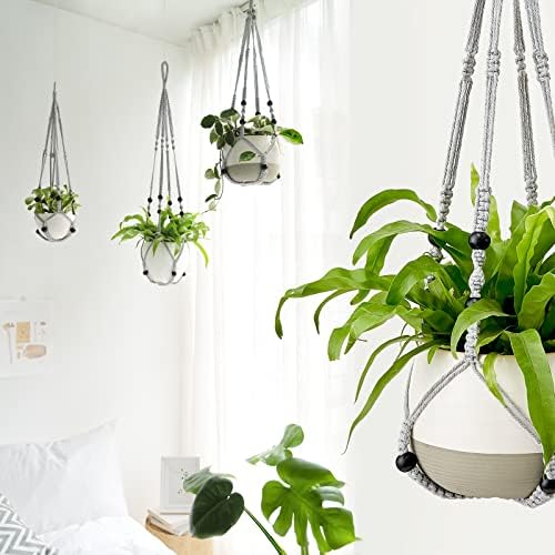 Mkono 3 Pack Macrame Plant Hangers Hanging Planters for Indoor Plants Grey