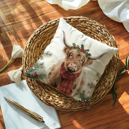 Highland Cow Decorative Throw Pillow Covers with Red Scarf Holly Berries 18x18 Inch Farmhouse Rustic Cushion Cover Winter Holiday Cows Pillowcase 2Pack for Couch Sofa