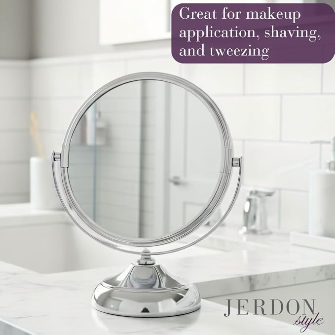 Jerdon 5.5" Tabletop Makeup Mirror - 5X Magnification - Chrome - MC247C | Two-Sided 1X View, 7.5" Tall