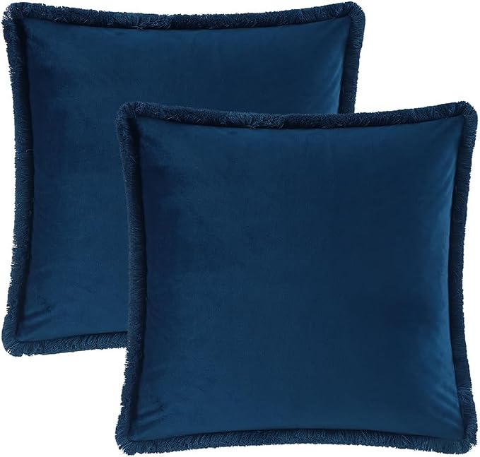 JUSPURBET Navy Blue Decorative Velvet Fringe Throw Pillow Covers 24x24 Set of 2 Boho Soft Cushion Case for Home Decor Living Room Couch Sofa Bed