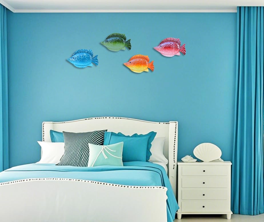 ShabbyDecor Coastal Ocean Sea Metal Fish Hanging Wall Art Decor for Living Room Bedroom Bathroom Guest Room Pool Wall Decor set of 4